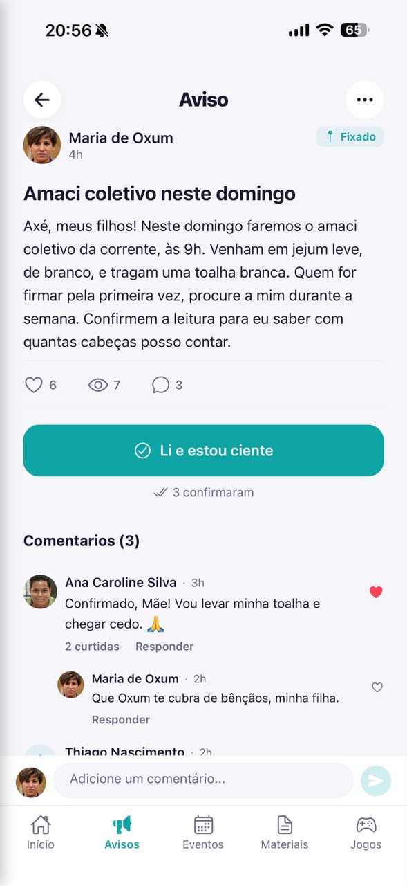 Mural de avisos do aplicativo, com um aviso fixado e a contagem de quem já leu