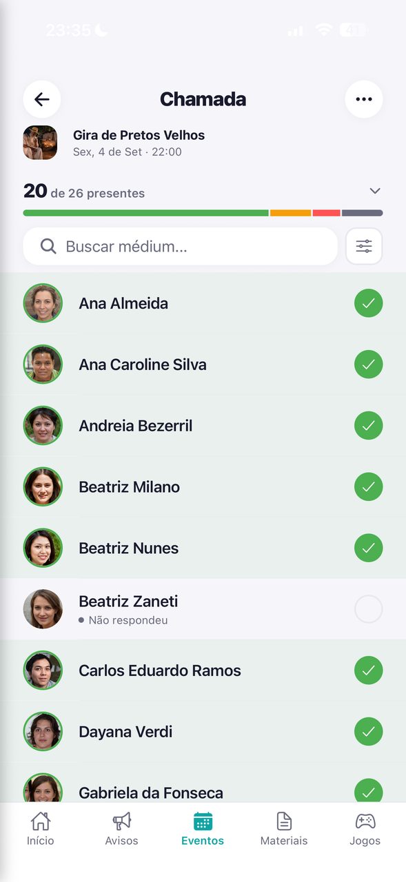 Tela de chamada de presença, com médiuns sendo marcados presentes