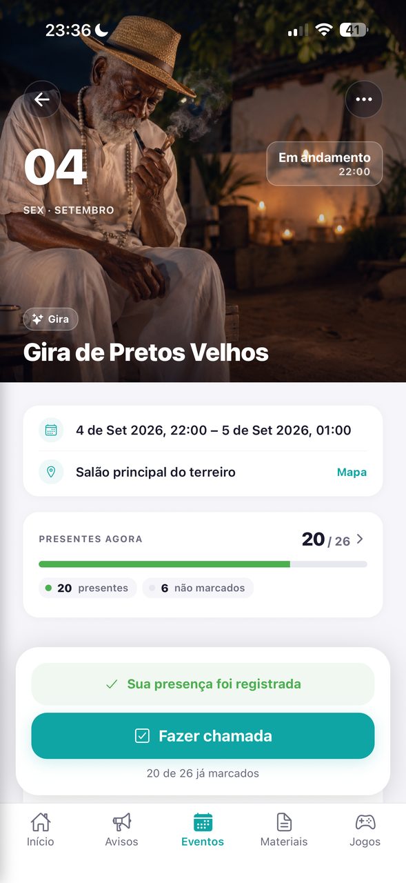 Detalhe de um evento, com capa, data, local e quem já confirmou presença