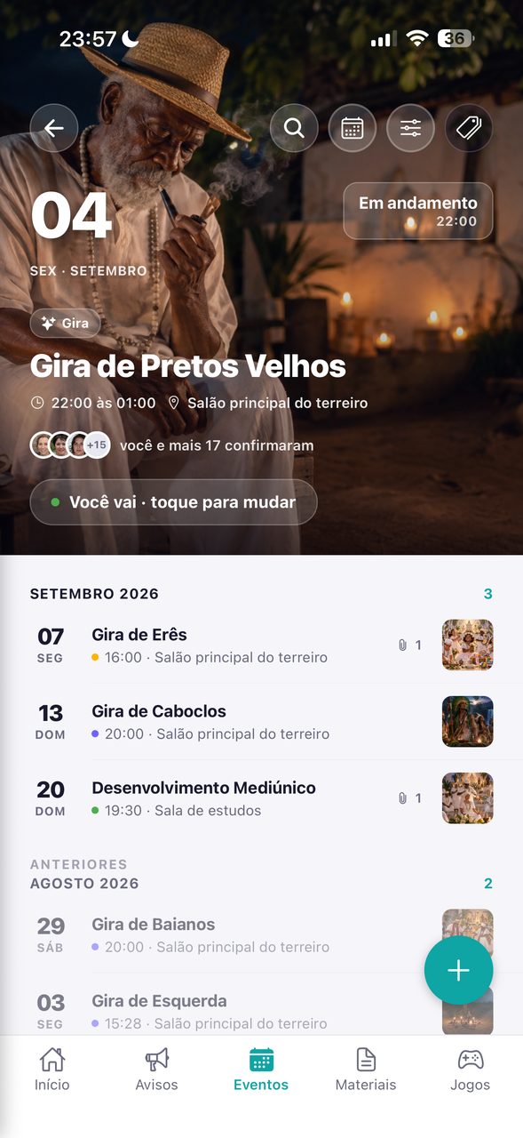 Agenda de eventos do aplicativo, com o cartaz da próxima gira ocupando o topo