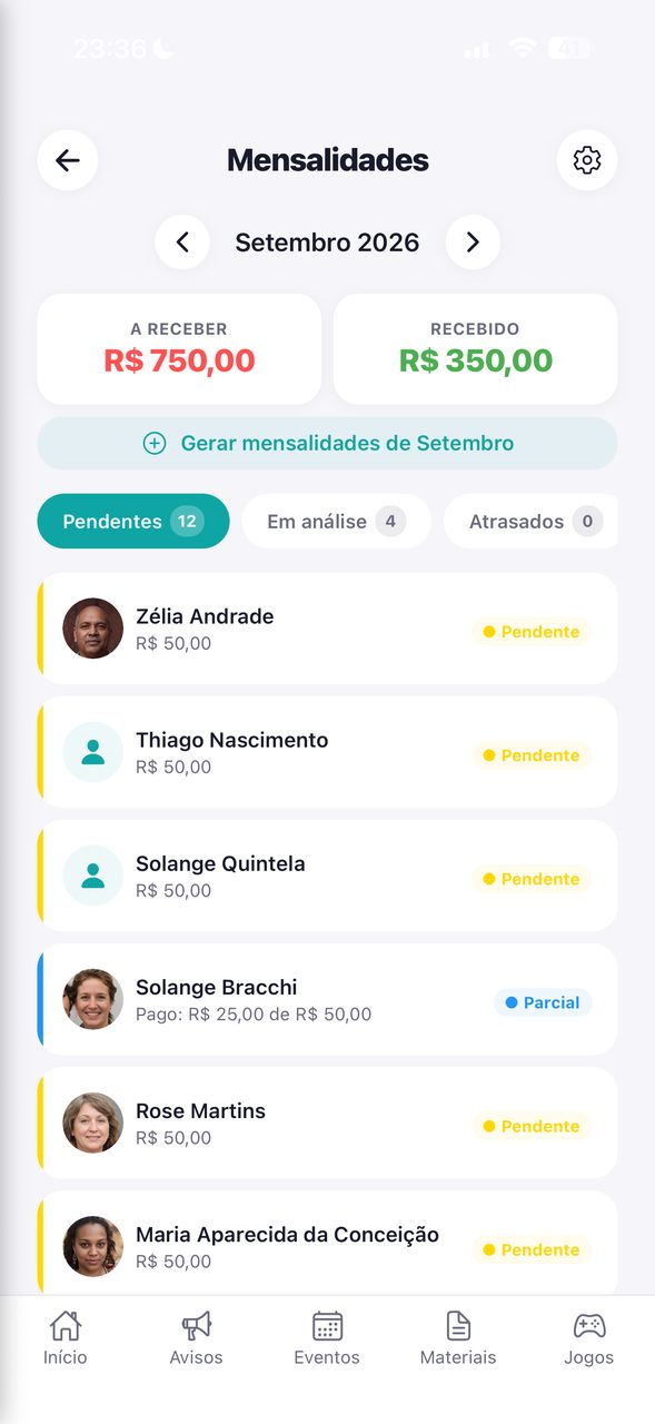 Painel de mensalidades com os estados pago, conferir e atrasado
