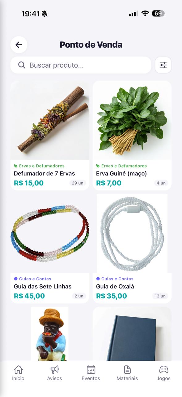Ponto de venda do aplicativo, com produtos da casa em fotos, preço e estoque