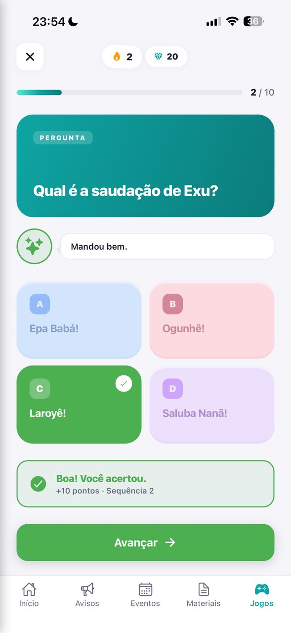 Tela de quiz do aplicativo, com uma pergunta e as alternativas